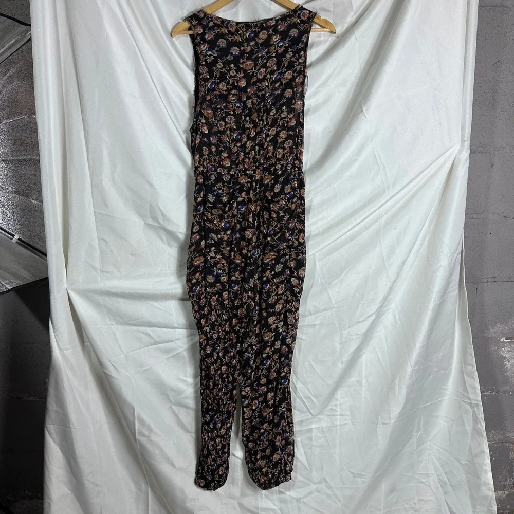 Free People Floral Sleeveless Jumpsuit‎ Black Boho Button Front Pockets sheer